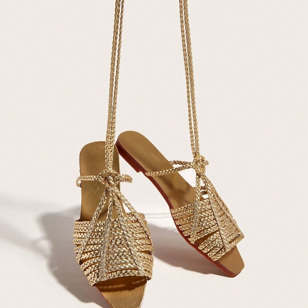 Gold Bohemian Women's Braided Strap Sandals with Random Texture - Picture 2 of 6